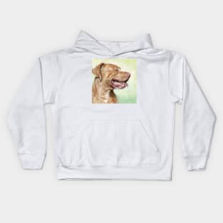 Oil Painting of a Beautiful Red Nose Pit Bull Smiling on a Green Background Kids Hoodie